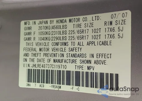 2007 Honda Cr-V Ex-L from USA, damaged, VIN JHLRE48737C119710